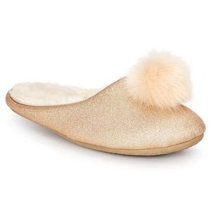 New in Box INC Gold Glitter Pom Pom Scuff Slippers, size XL